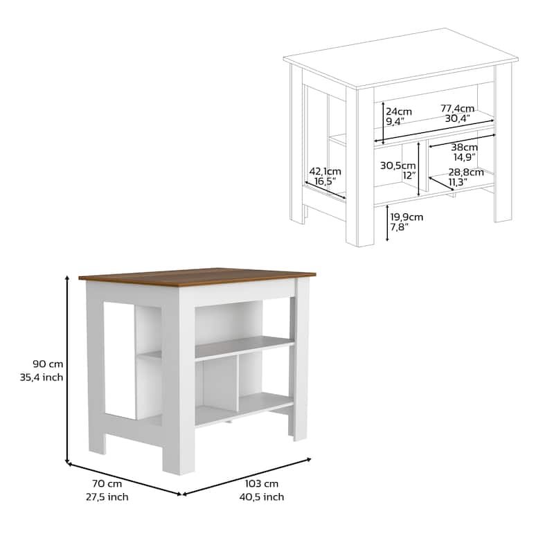 Modern Kitchen Island, 3 Storage Shelves, Spacious Top Surface, White & Walnut Finish, 35.4" Height