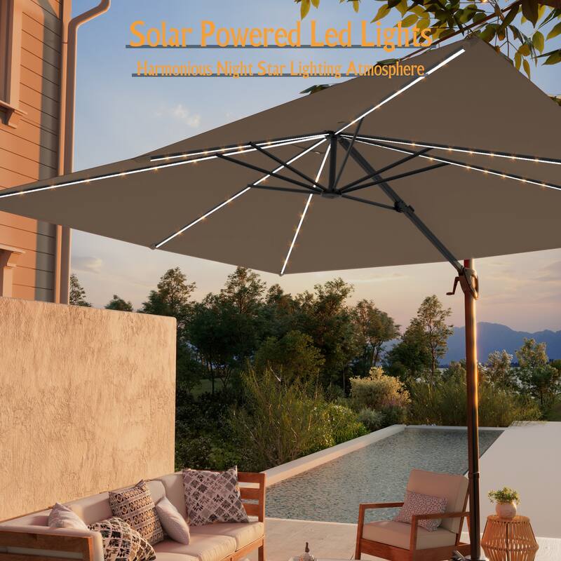 LIVOOSUN 10x8ft LED Rectangle Cantilever Umbrella Patio Offset Umbrella For Outdoor Space, Solution-Dyed Fabric, 360° Rotation