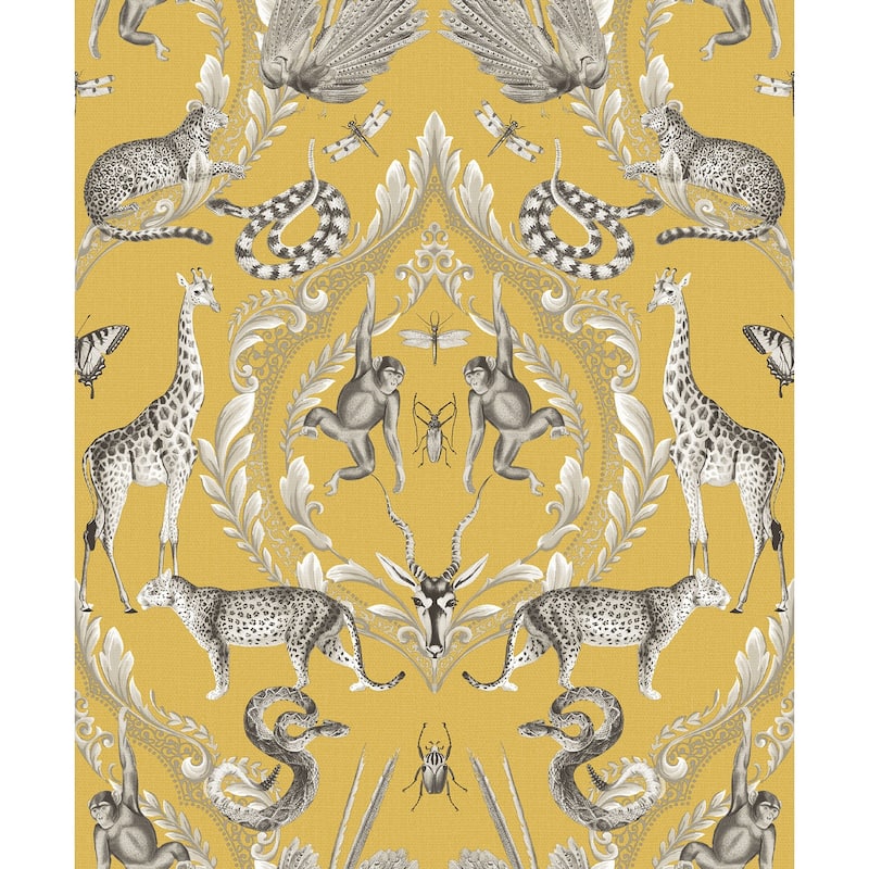 Galerie Wallcoverings Bazaar Jungle Menagerie Damask Non-woven Metallic Wallpaper Roll - 33 feet x 21 inches - Yellow