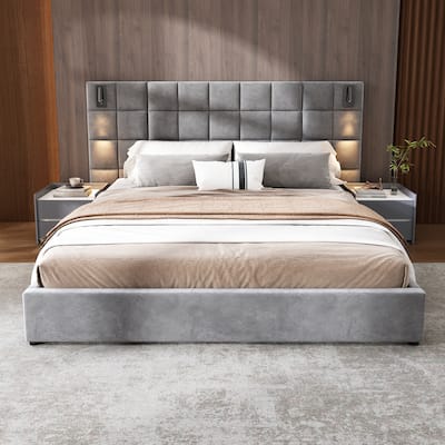 Luxury King Velvet Platform Bed with Reading Lamp & USB Port, Wide Padded Headboard, No Box Spring Needed