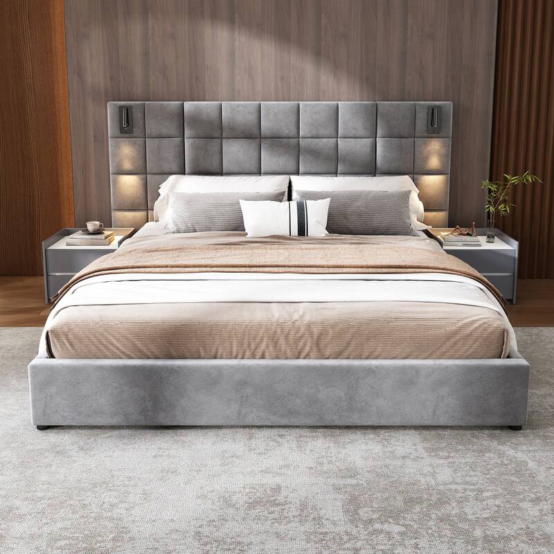 Upholstered King Bed with Adjustable Reading Lamp & USB Port, Wide Headboard, Velvet Fabric, No Box Spring Required - Grey