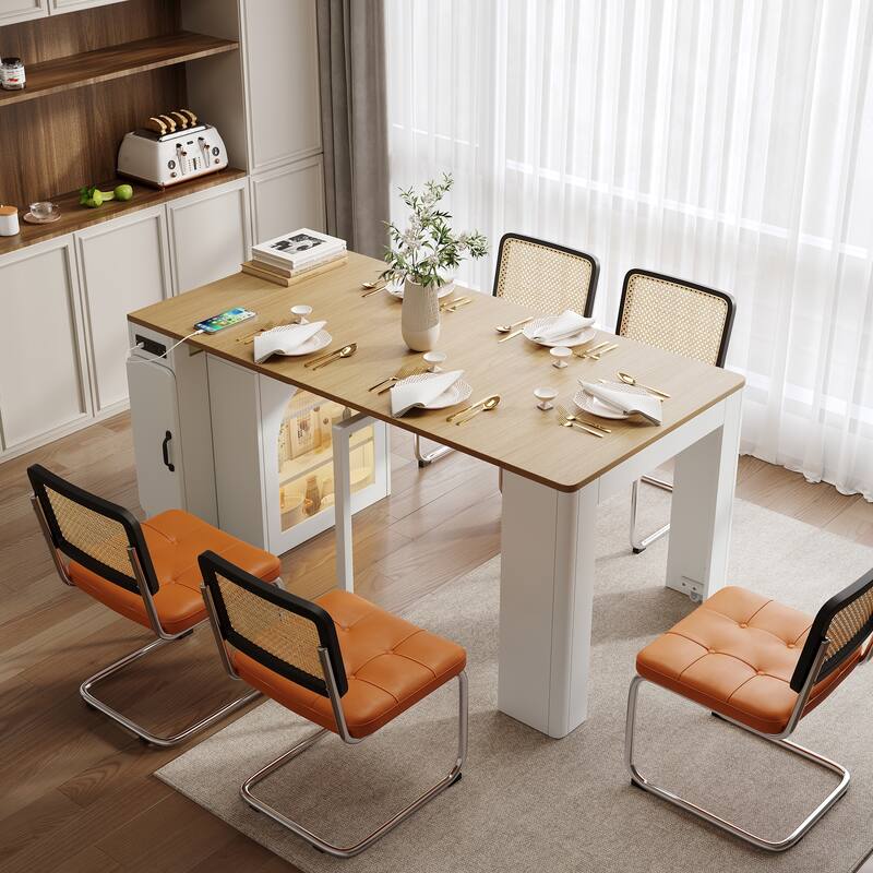 Extendable Dining Table with Removable Leaves, Rolling Kitchen Island with Power Outlet, Sideboard Cabinet with Storage
