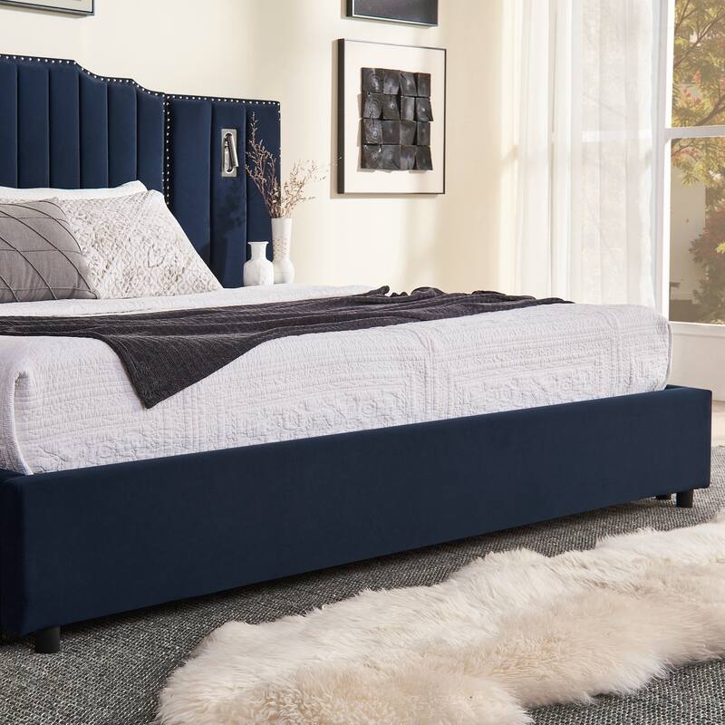 Queen Size Upholstered Bed Frame , Vertical Stripe Design with Buttons Around Platform Bed with Headboard