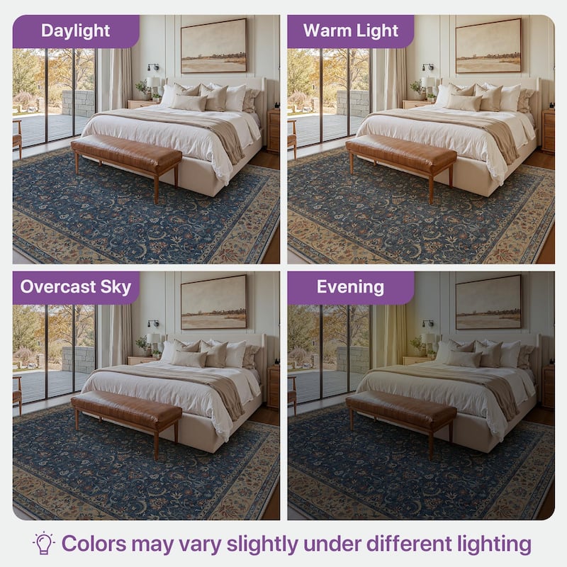 Mcow Vintage Floral Low-Pile Machine-Washable Area Rug