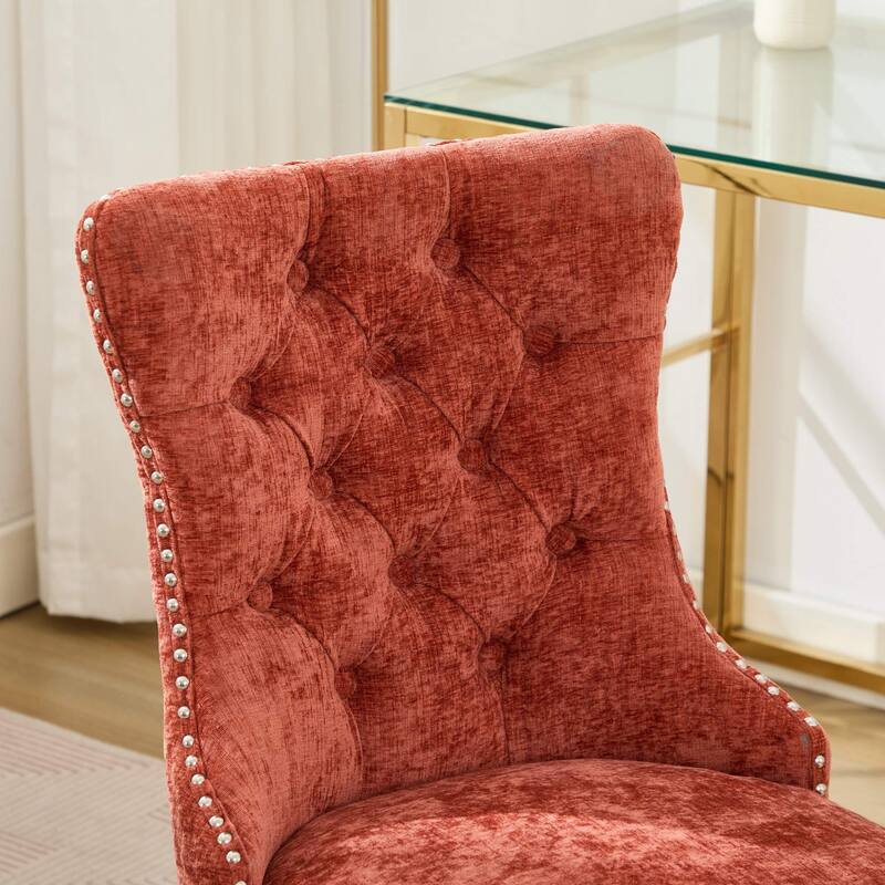 Chenille Upholstered Swivel Office Chair, Tufted Button Home Office Chair, Adjustable Vanity Chair with Metal Base