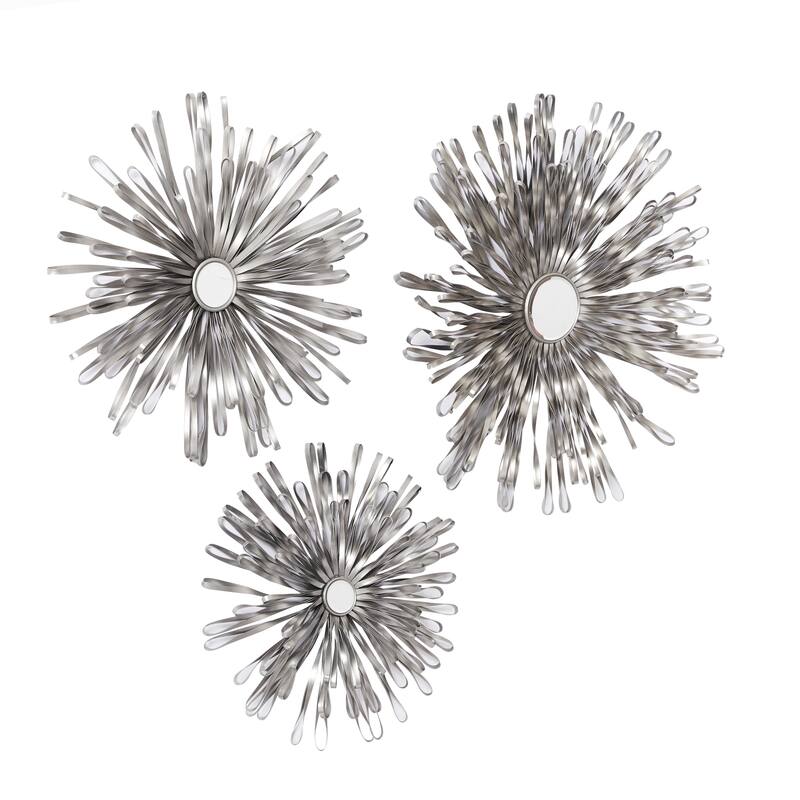 Metal 3D Looped Sunburst Wall Decor with Mirrored Center (Set of 3) - Silver or Gold