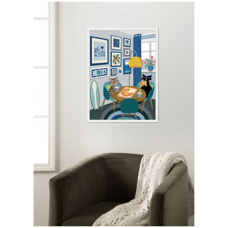 Kate and Laurel Pizza Cats by Rachel Lee 3 Birdies Studio Framed Canvas Wall Art Print