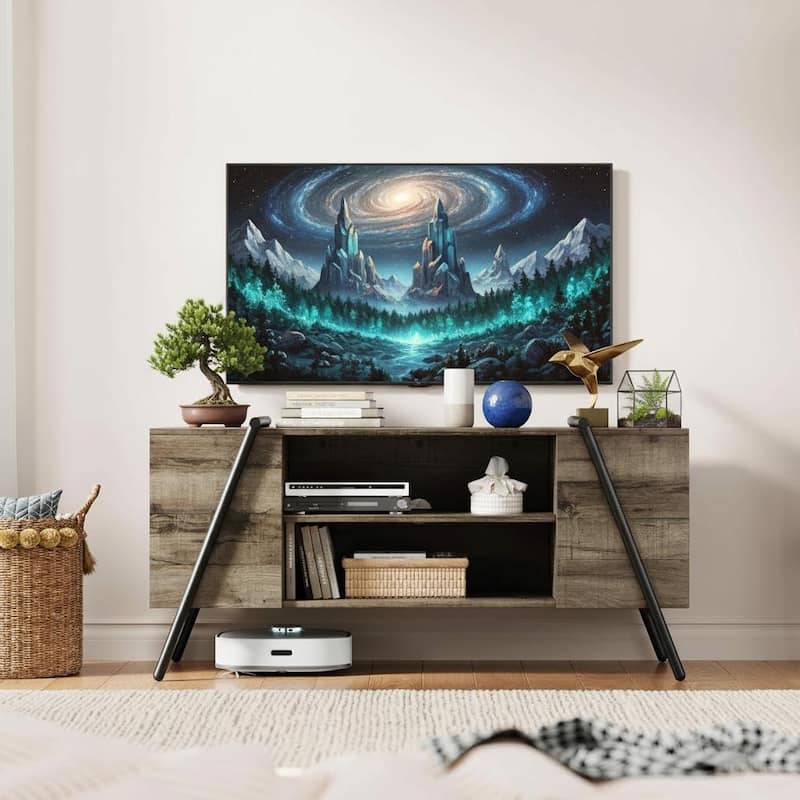 TV Stand, with Adjustable Open Shelves and Slanted Metal Legs - Rustic Grey - 47.24"