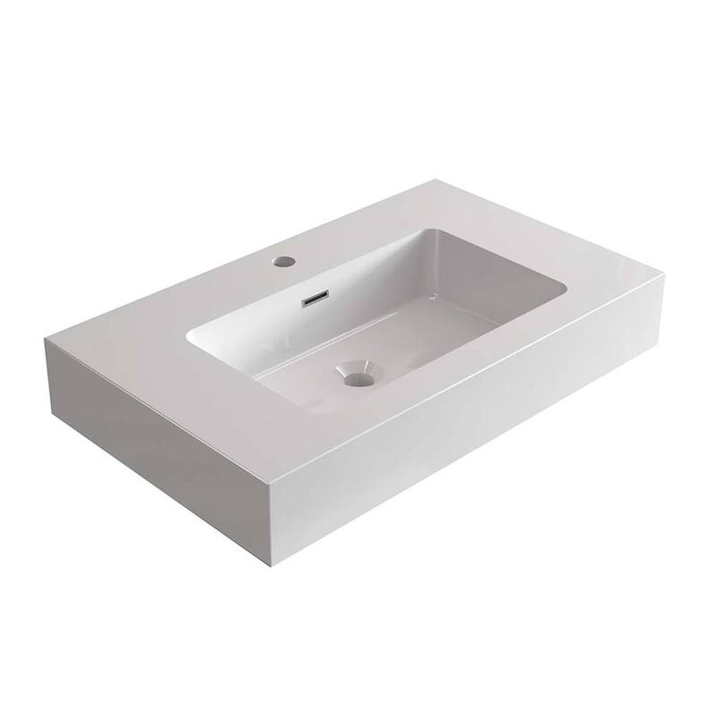 CITTANEO Modern Rectangular Bath Sink for Vanity Top, Solid Surface Vanity Sink with Gel Coat Finish, Single Hole Faucet - 30inch - White