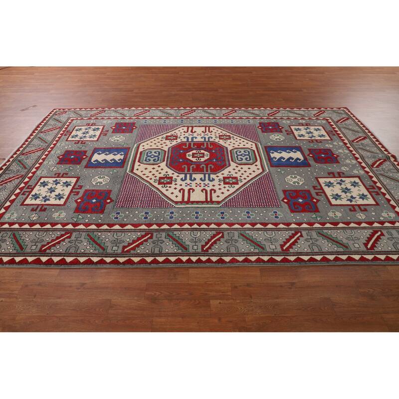 Geometric Gray Kazak Oriental Area Rug Handmade Wool Carpet - 6'4" x 10'0"