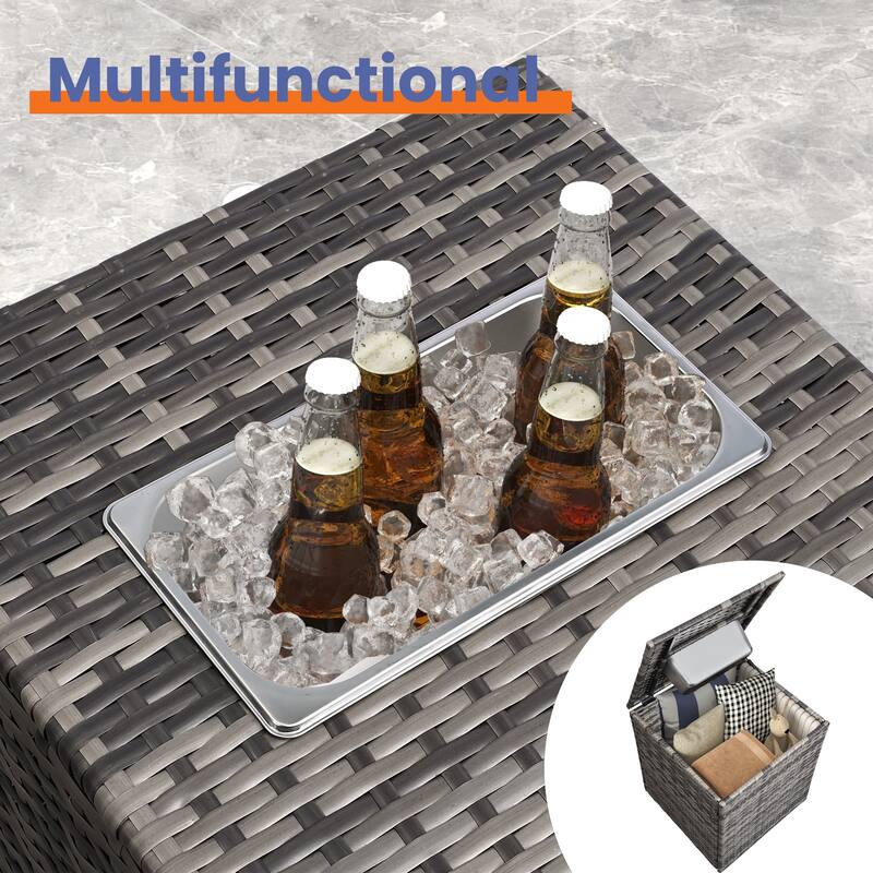 4 Piece Outdoor Sectional Sofa with Built-In Ice Bucket Storage, Rattan Patio Sectional Set with Washable Cushions - Gray