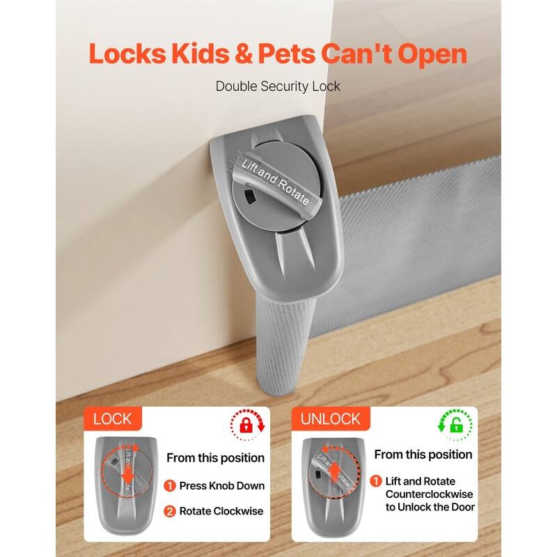 Retractable Baby Gate with Escape-Proof Bottom Hook and Mesh Design for Kids and Pets Safety