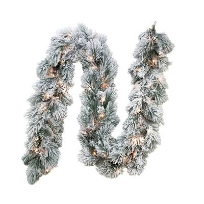 Kurt Adler 9-Foot Pre-Lit Clear Incandescent Flocked Garland - Green