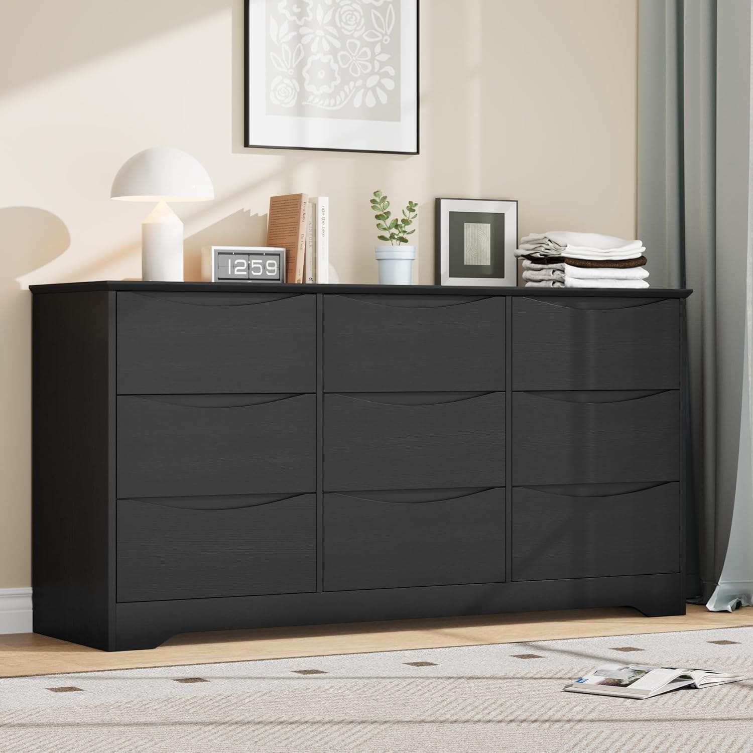 Wooden 9-Drawer Dresser, Tall Modern Storage Chest with Wide Top for Bedroom, Living Room, Hallway, Kids Room, Black