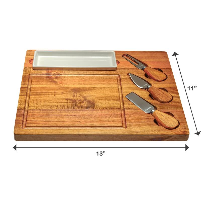 Picnic at Ascot Personalized Acacia Charcuterie Board Set with Ceramic tray & Cheese Tools
