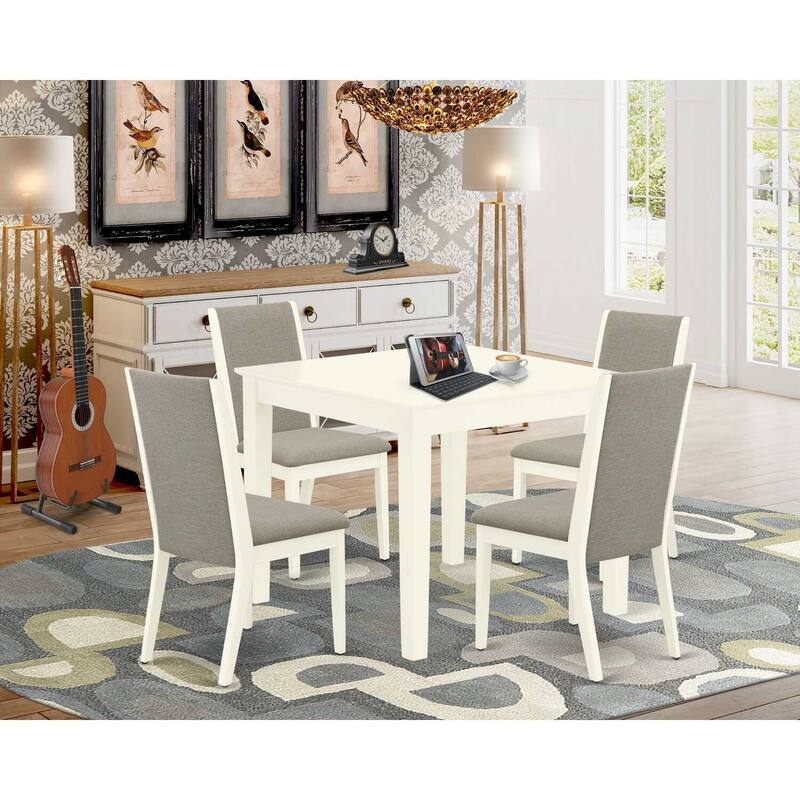 5-Piece Linen White Finish Solid Wood Top - Rectangular Dining Room Set with High Back - Seats 4