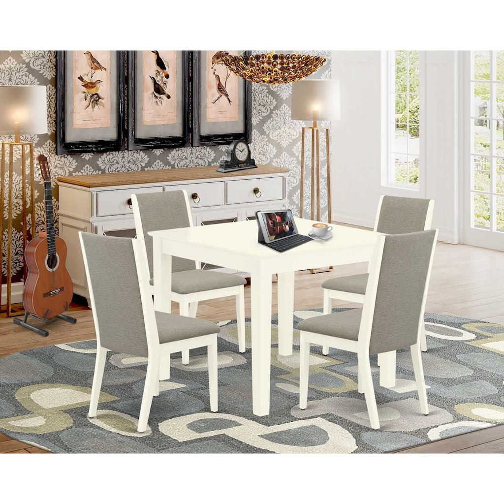 5-Piece Linen White Finish Solid Wood Top - Rectangular Dining Room Set with High Back - Seats 4