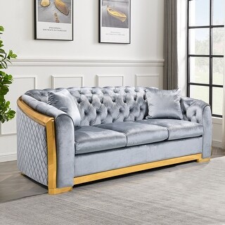 Grey Velvet Chesterfield Tufted 3 Seater Sofa with 2 Pillows - Bed Bath ...