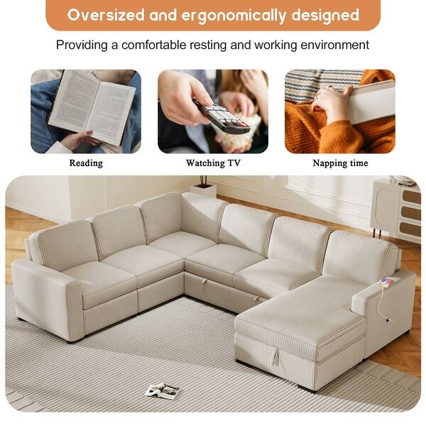 Ushape Sectional with Pullout Corduroy Storage Chaise Lounge for