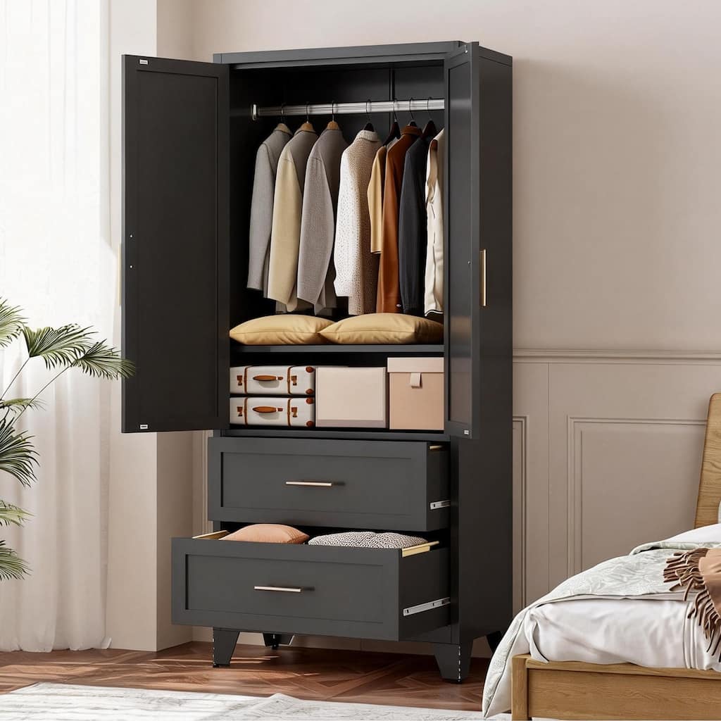Tall Metal Wardrobe Armoire Cabinet with 2 Drawers and Hanging Rod, Black