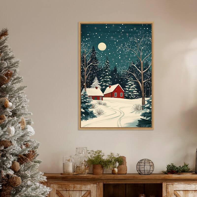 Red Houses and Snowy night sky by Pictufy Studio Framed Canvas Wall Art Print - Sylvie Natural