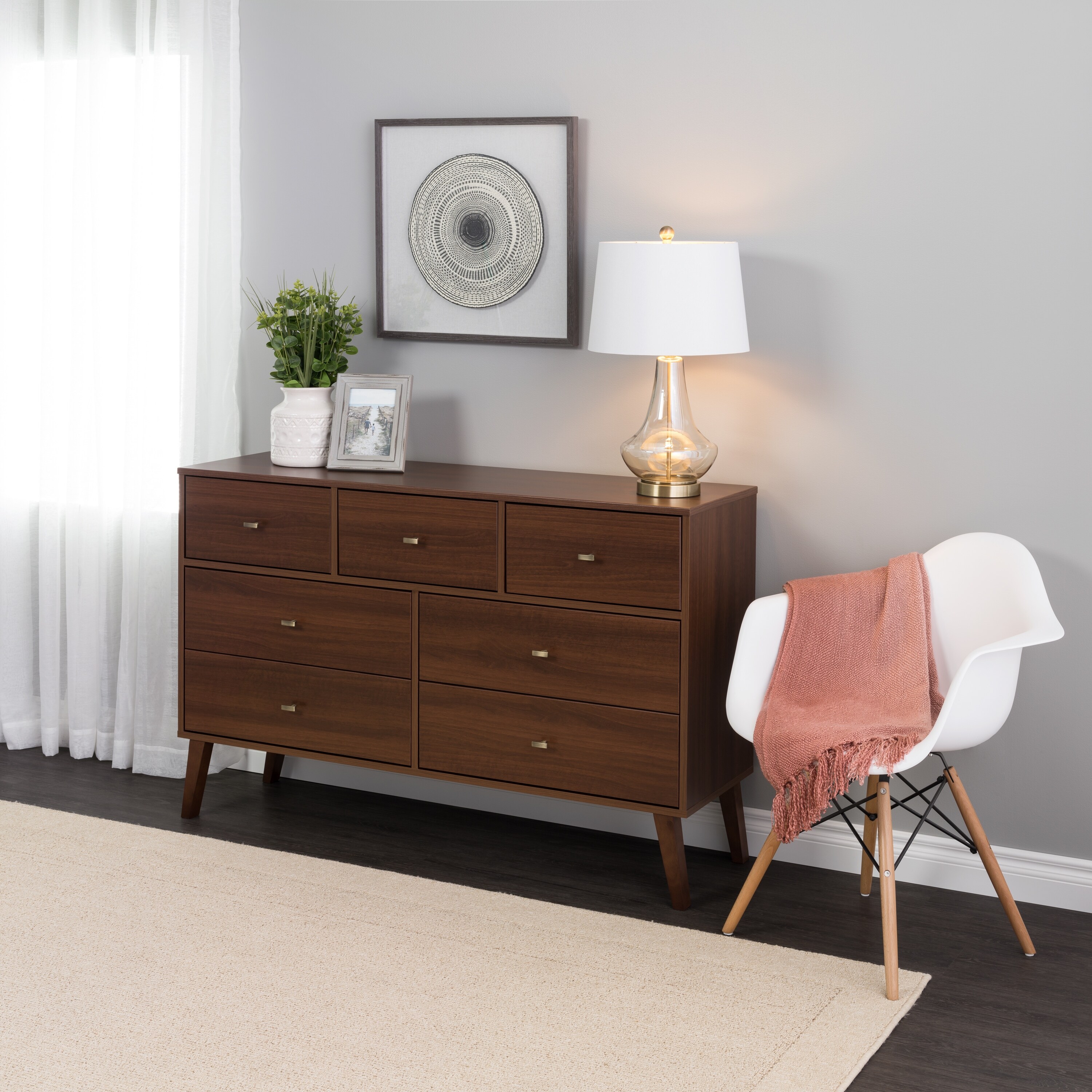 Prepac milo mid century modern 6 drawer double dresser in outlet white