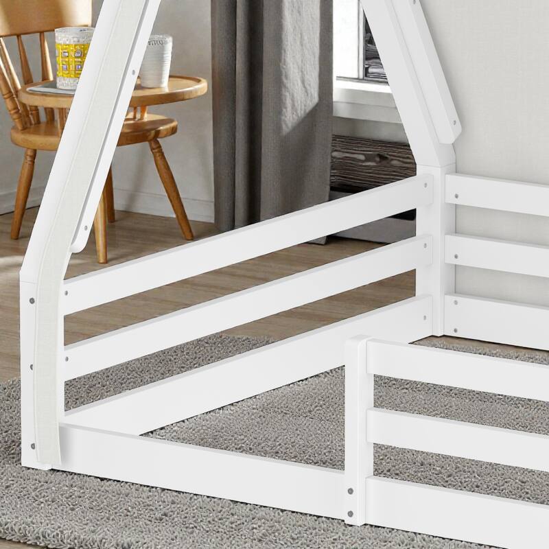 Montessori House Floor Bed with Tent and Lights, Solid Wood Teepee Bed with Guardrails, Twin/Full Kids Bed Frame