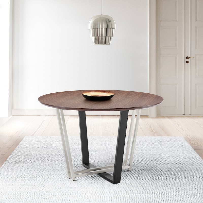 Joana 48 Inch Walnut and Black Steel Round Dining Table - Walnut/Silver