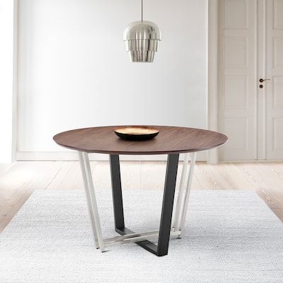 Joana 48 Inch Walnut and Black Steel Round Dining Table