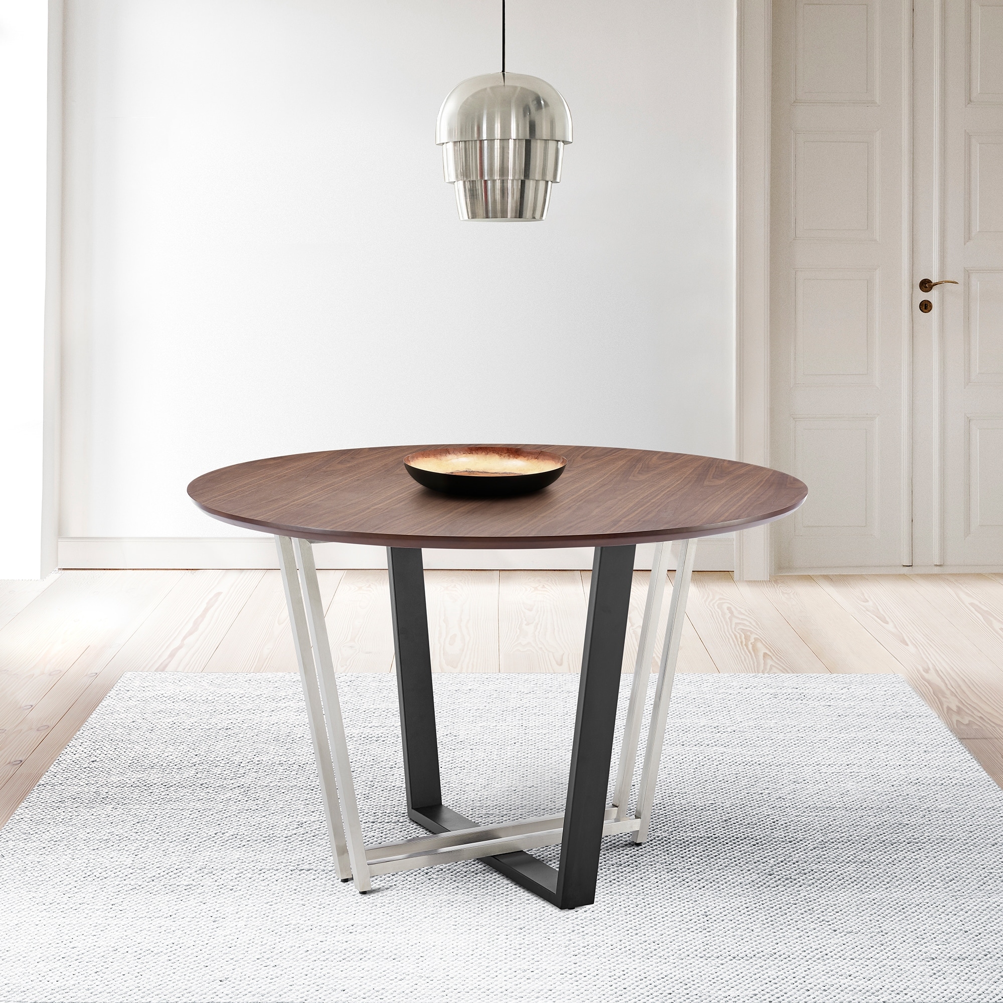 Joana 48 Inch Walnut and Black Steel Round Dining Table