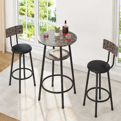3-Piece Bar Table Set for 2, Small 2-Tier Round Bistro Pub Dining Table & PU Upholstered Stools with Backrest
