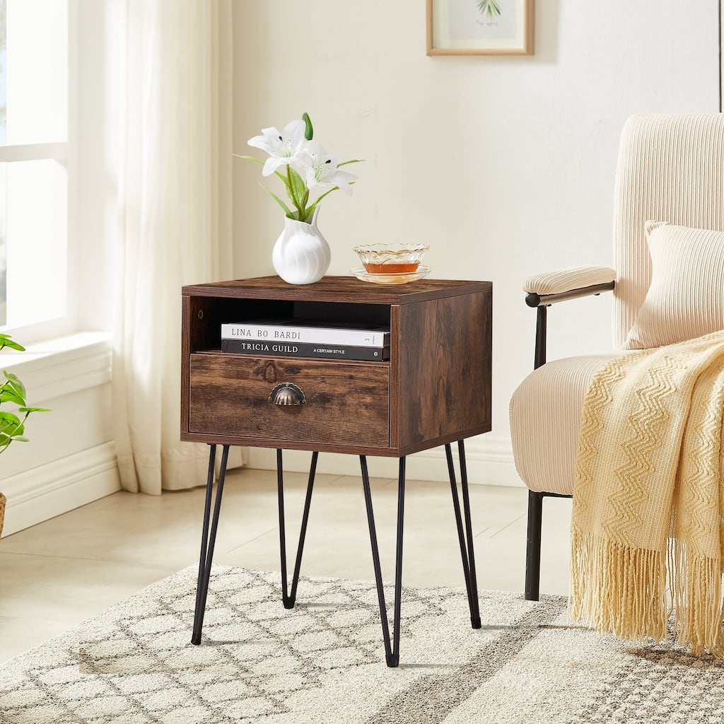 VECELO, Mid-century Modern 1-Drawer Wood End Table - 15.75"*15.75"*23.62"