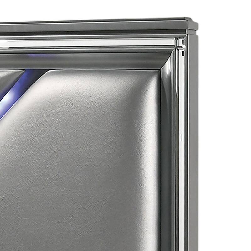 Lin Queen Size Bed w LED, Footboard Storage Drawers, Silver Upholstery