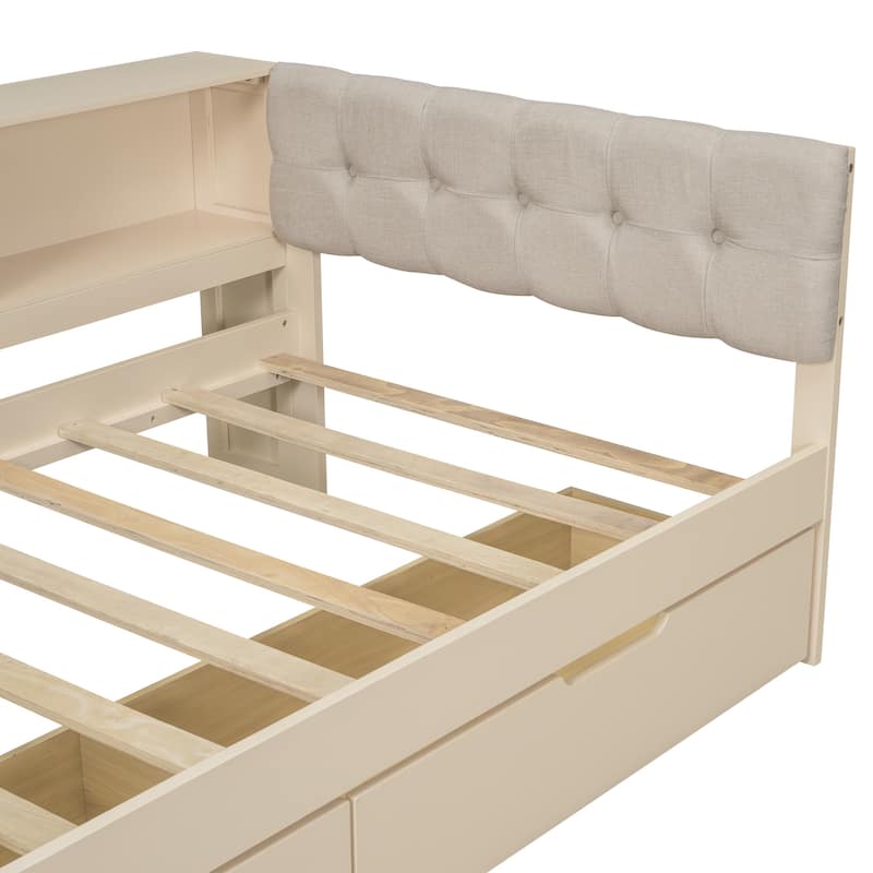 Wood Twin Size Upholstered Headboard Platform Bed with Storage Shelves Drawers and Charging Station