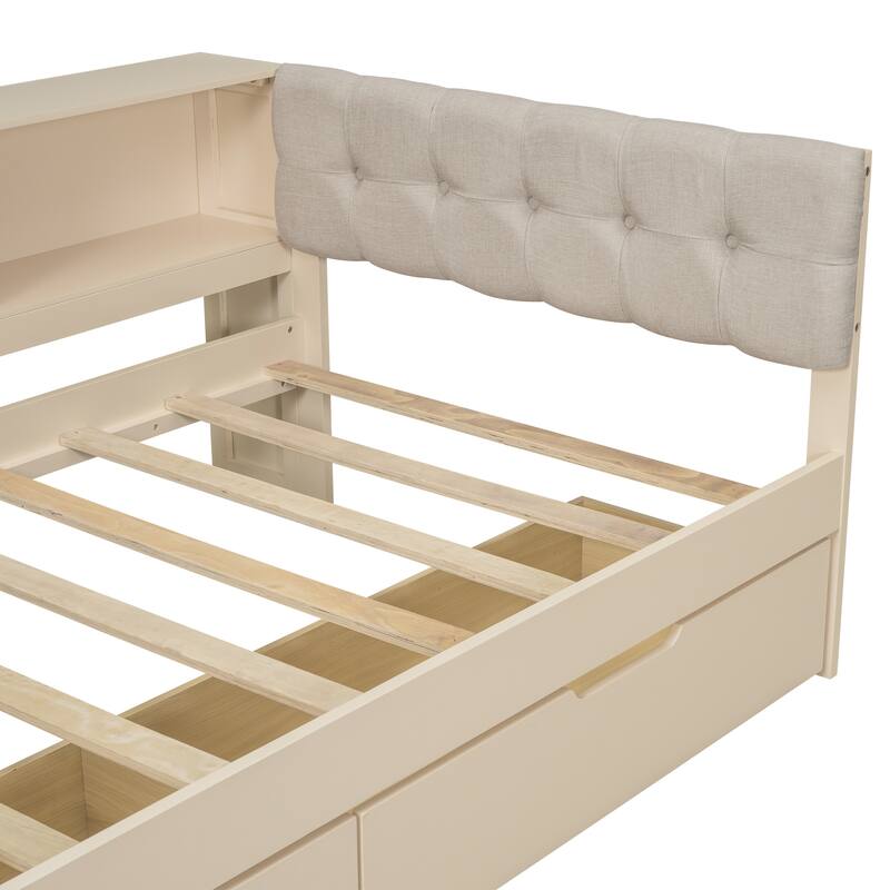 Wooden Platform Bed Multi-Functional Daybed with Desk, Linen Headboard, 2 Drawers, Charging Station and Mulit-Storage Shelves