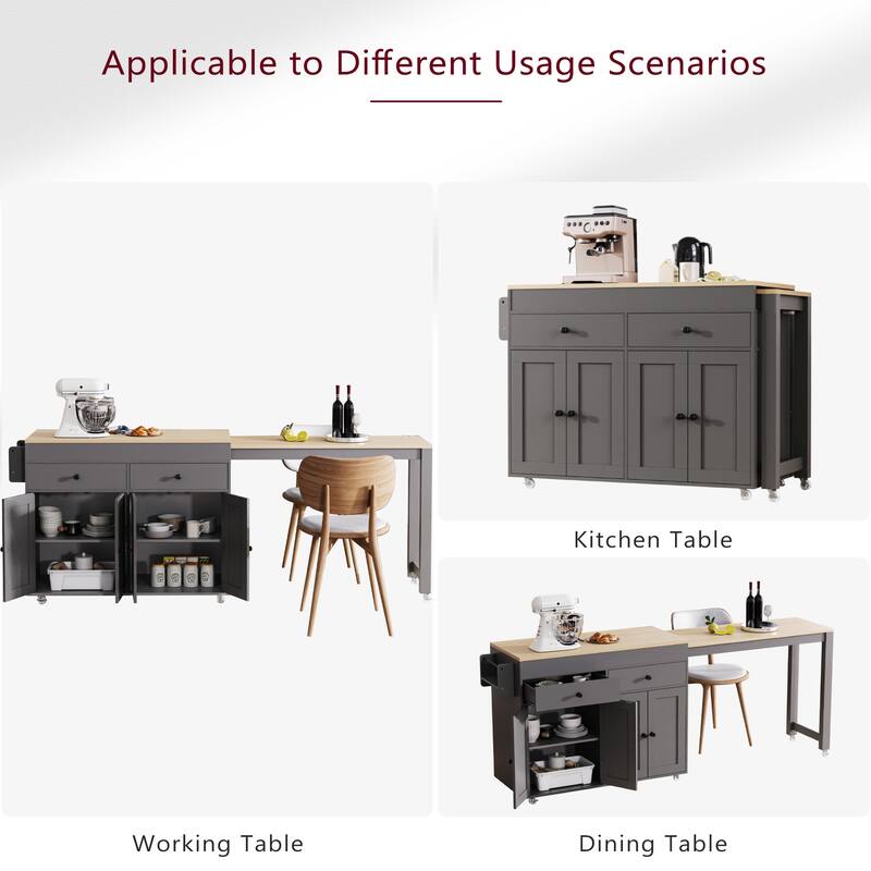 Roomfitters 74.8" Rolling Kitchen Island with Extendable Dining Table, Mobile Cart with 4 Doors, 2 Drawers & Spice Rack