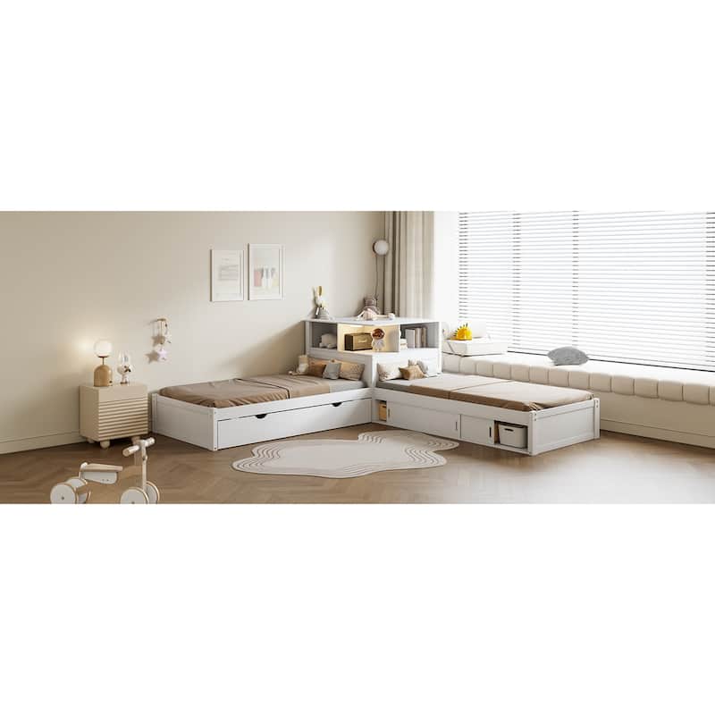 Roomfitters Twin L-Shaped Platform Bed with Trundle, Storage Cabinets and LED Desk