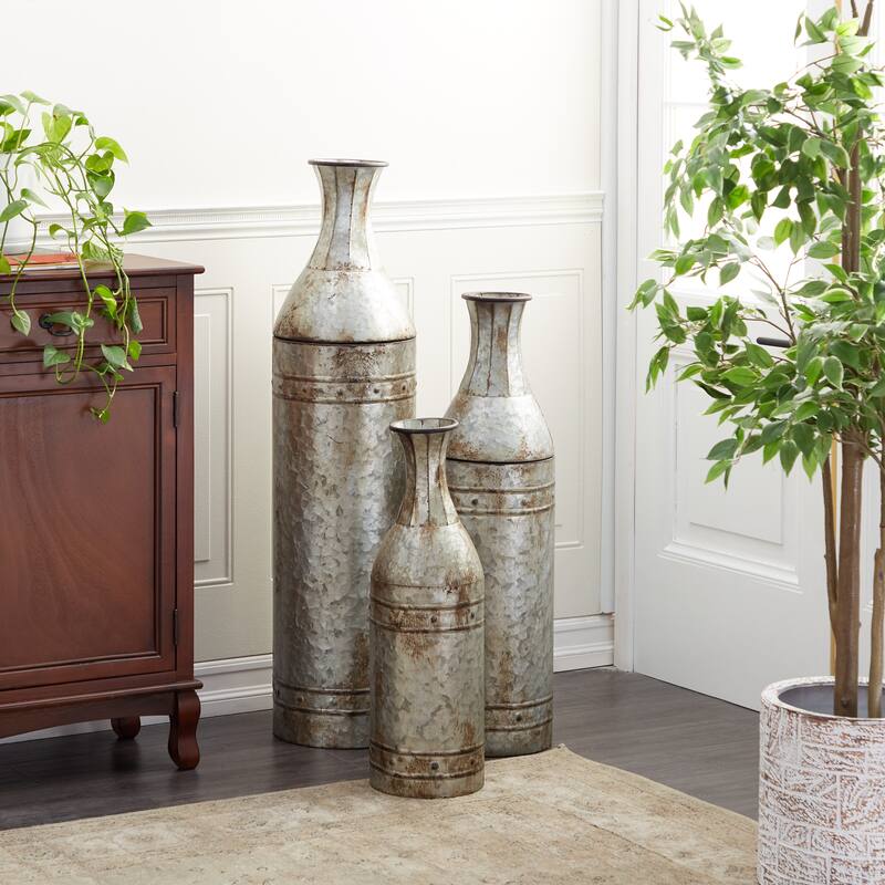 Gray Metal Handmade Tall Galvanized Floor Decorative Vase with Studs (Set of 3) - Gray