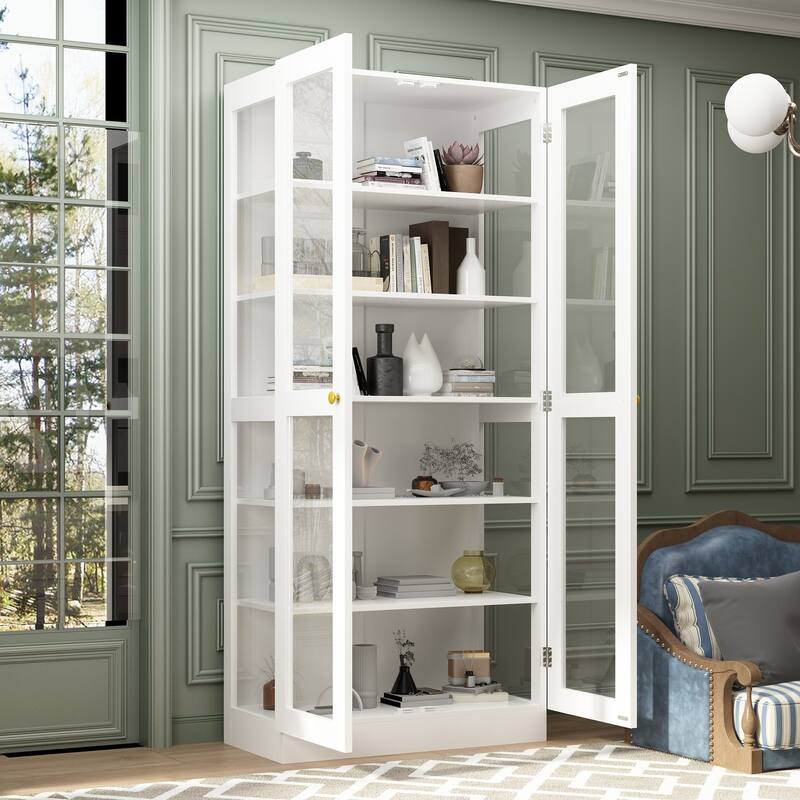 Bookcase Display Cupboard Curio Cabinet 2 Glass Door White Lacquer - 70.9"Hx31.5"W