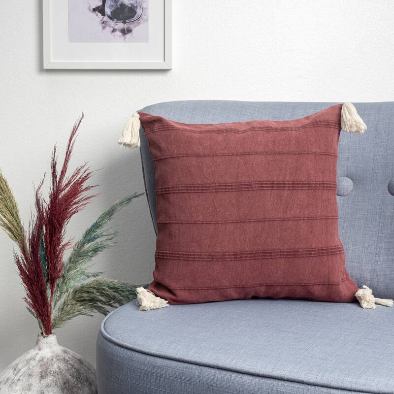 Handwoven Striped Square Throw Pillow with Tassels - 18" - Burgundy Red