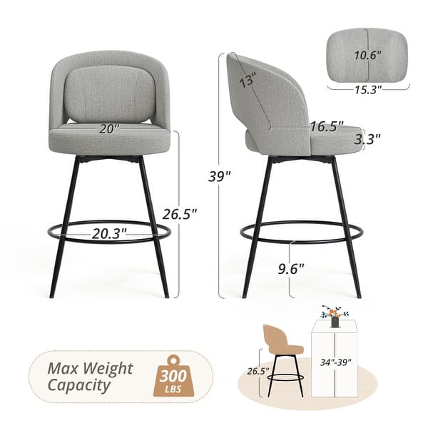 dimension image slide 0 of 4, Swivel Bar Stools Set Of 2/3/4, Metal Bar Stools, Modern Upholstered Bar Stools For Kitchen Island - 20.3"W X 20.3"D X 39"H