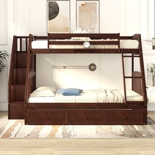 Modern Wooden Twin-Over-Full Bunk Bed with Ladder and Storage Staircase,3-Drawers