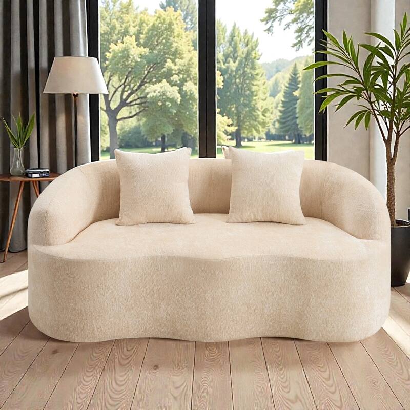 Curved Loveseat Sofa with Round Armrests, Compression Couch with 2 Pillows, Cream No Assembly Sofa - Beige