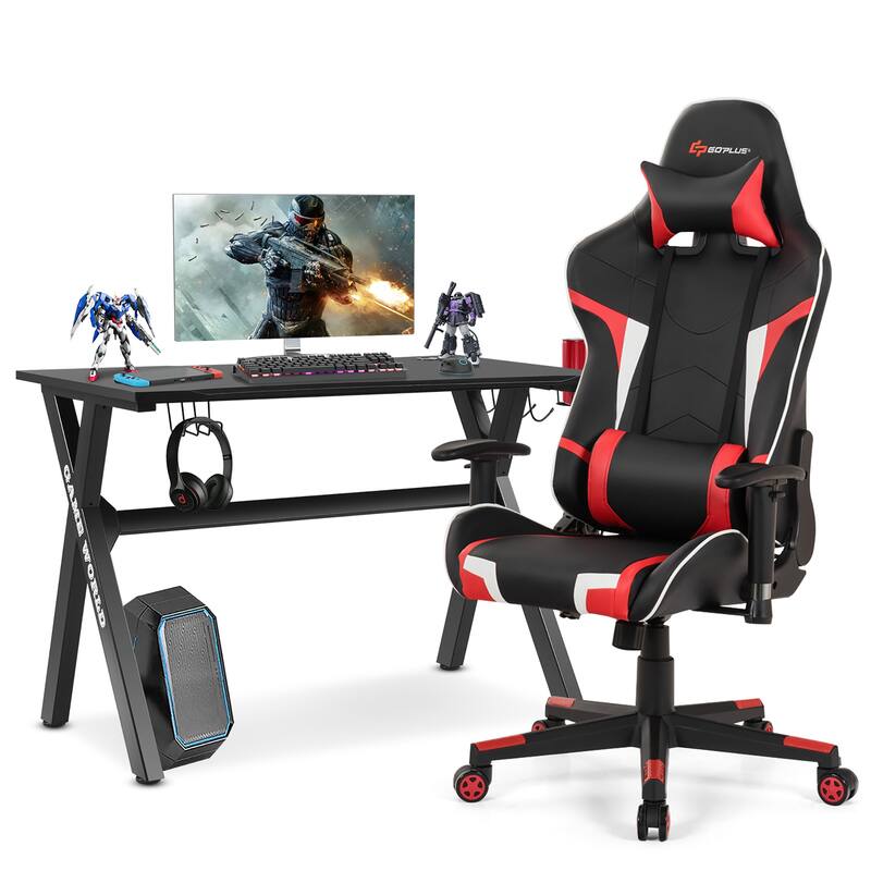 X-Shaped Gaming Desk & Racing Style Massage Chair Set Home Office - Black+Red
