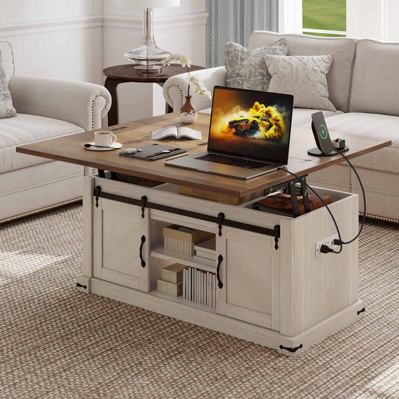 Moasis Farmhouse Lift-Top Coffee Table with Power Outlets, Center Dining Table with Hidden Storage