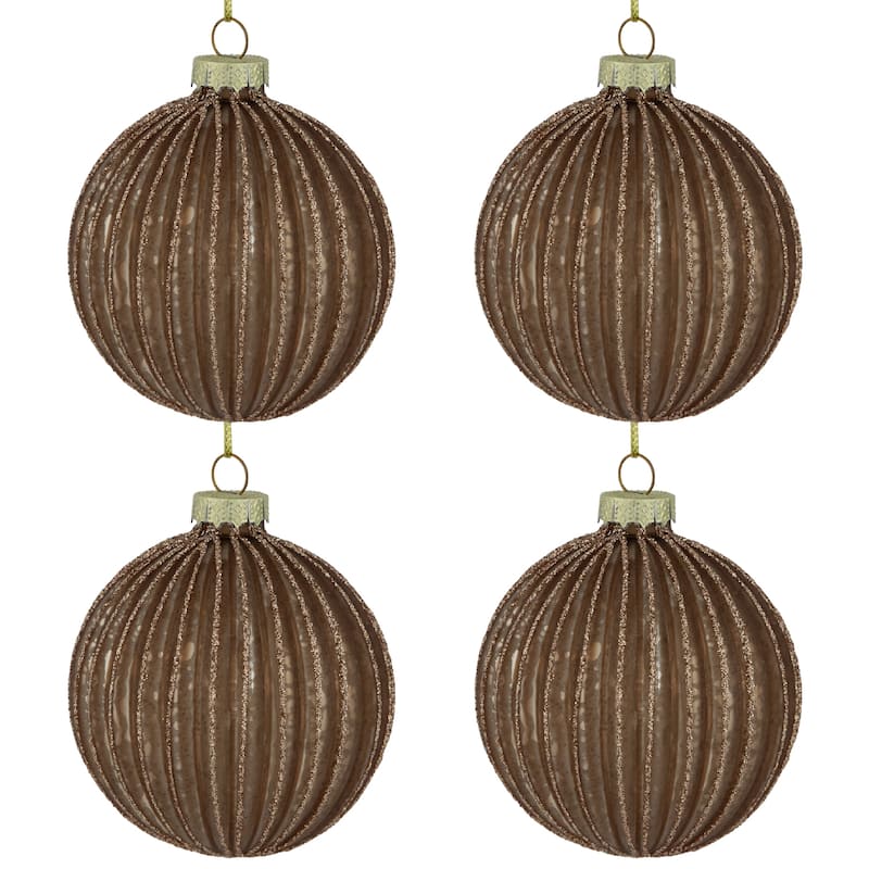 4ct Champagne Chocolate Glittered Ball Christmas Ornaments 3" 80mm