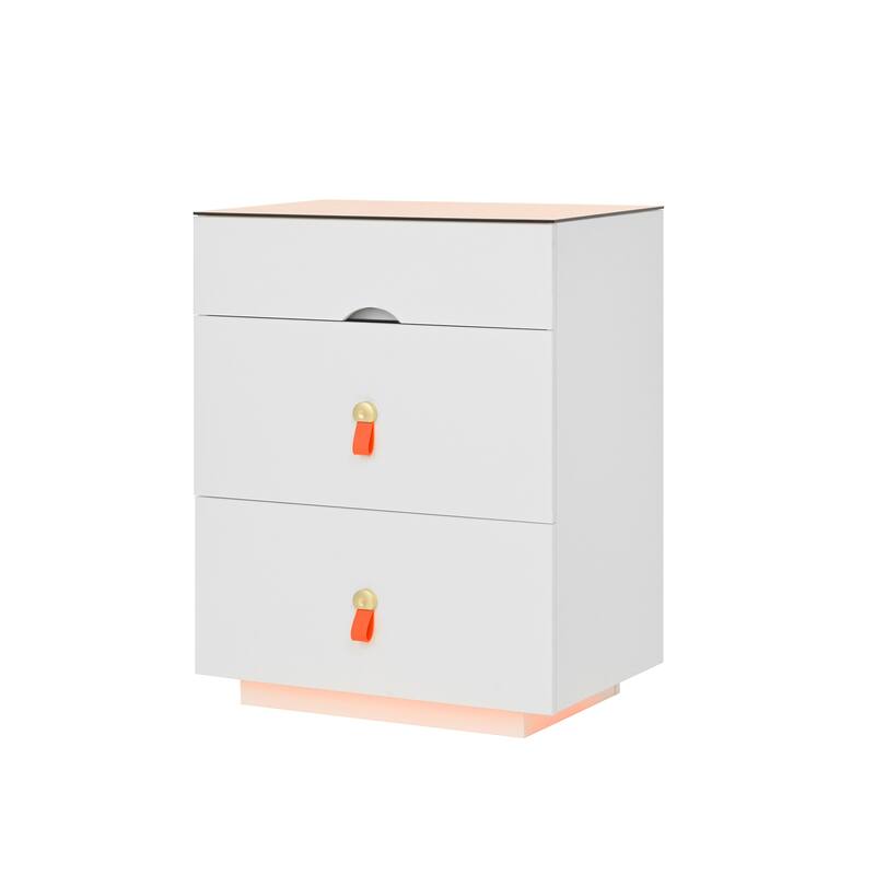 3 Drawer Nightstand with LED Light, Glass Top and Handles