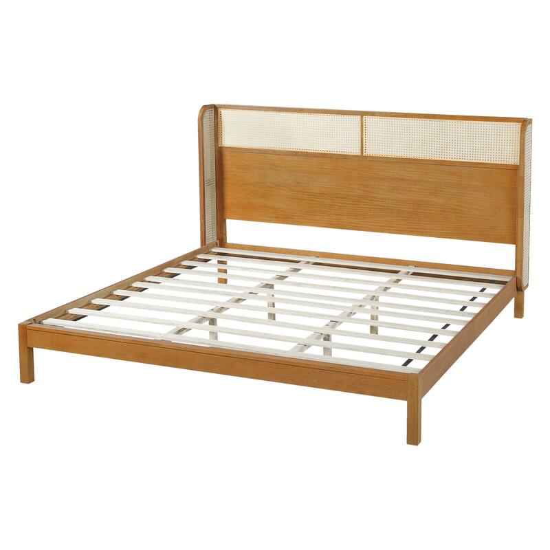 King Size Platform Bed Frame with Headboard, Mid Century Modern Design, Natural Finish