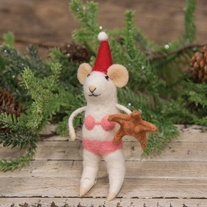 Felted Mouse Ornament in Pink Bikini with Santa Hat - 5.75” x 3.75”