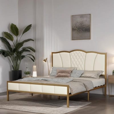 Golden Metal Upholstered Platform Bed Frame with Tufted Headboard, Queen Size